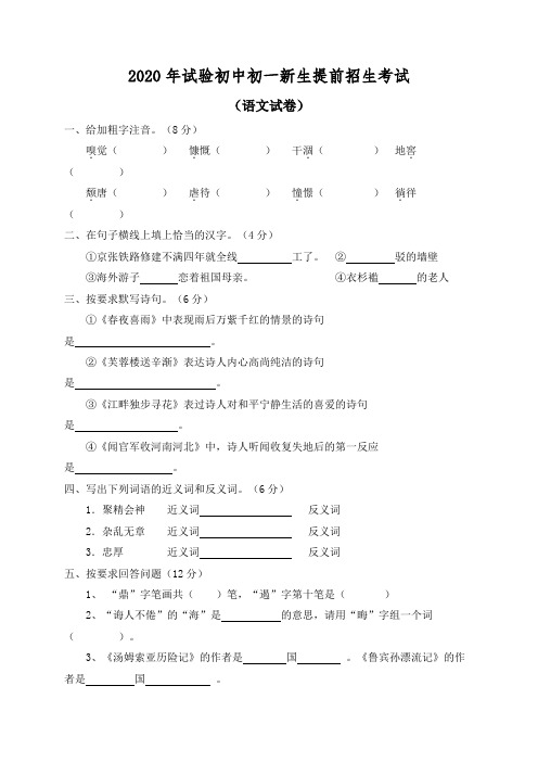 民办中学小升初提前招生考试语文数学整套试卷及答案