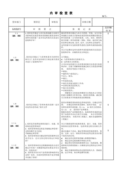 管理层内审检查表(领导层)