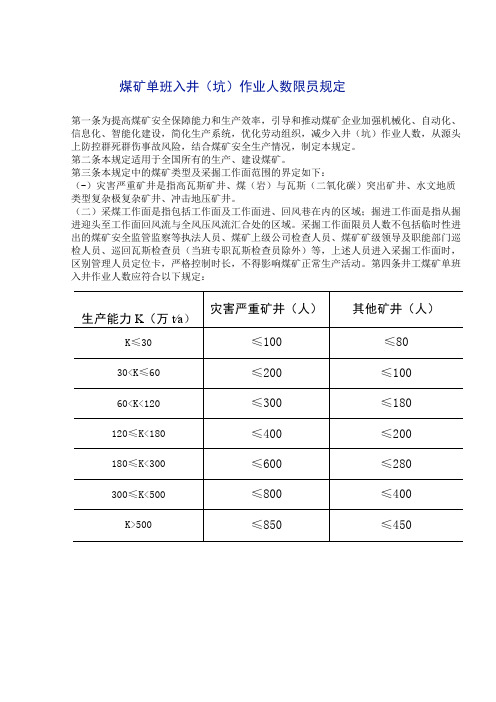 煤矿单班入井(坑)作业人数限员规定