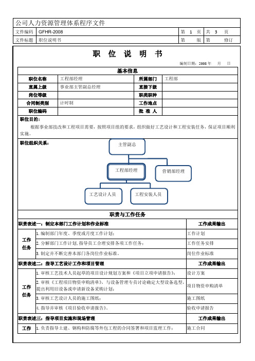 工程部经理职位说明书