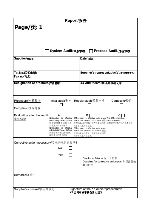 供应商审核报告表中英文对照版