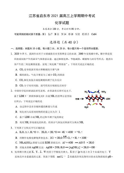 江苏省启东市2021届高三上学期期中考试 化学 (含答案)