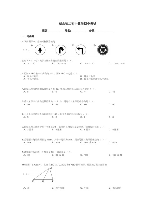 湖北初二初中数学期中考试带答案解析