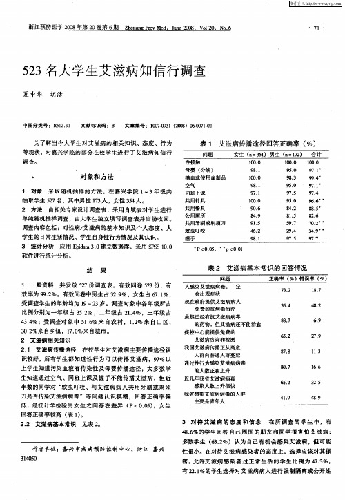 523名大学生艾滋病知信行调查