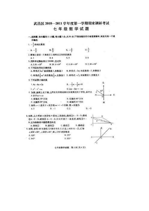 武昌区七年级数学上学期期末调研测试(有答案)