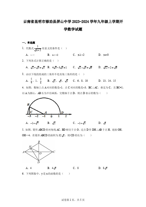 云南省昆明市禄劝县屏山中学2023-2024学年九年级上学期开学数学试题