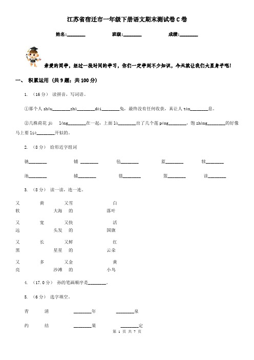 江苏省宿迁市一年级下册语文期末测试卷C卷