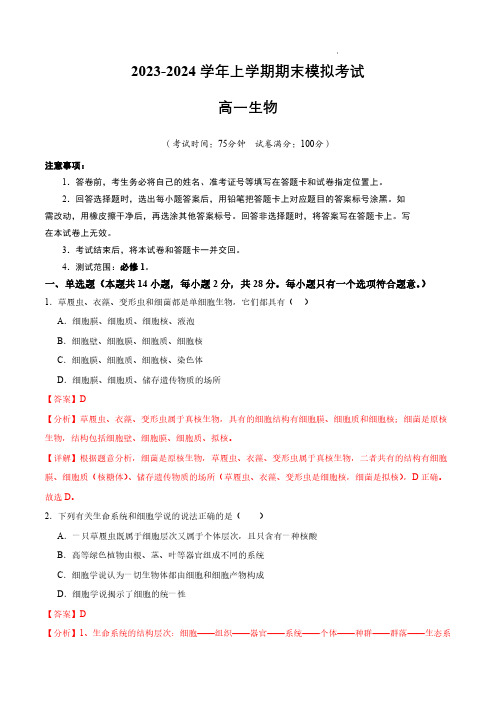 2023-2024学年高一生物上学期期末模拟考试(19)(全解全析)(江苏专用)