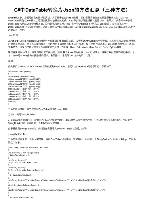 C#中DataTable转换为Json的方法汇总（三种方法）