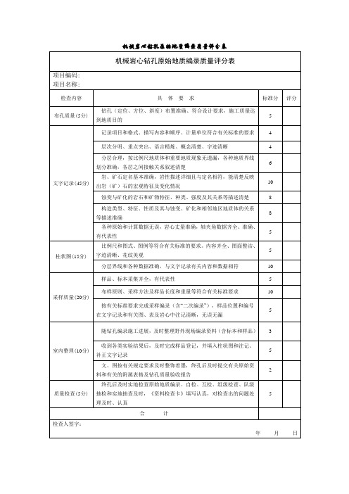 机械岩心钻孔原始地质编录质量评分表