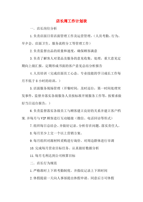 2020年店长周工作计划表