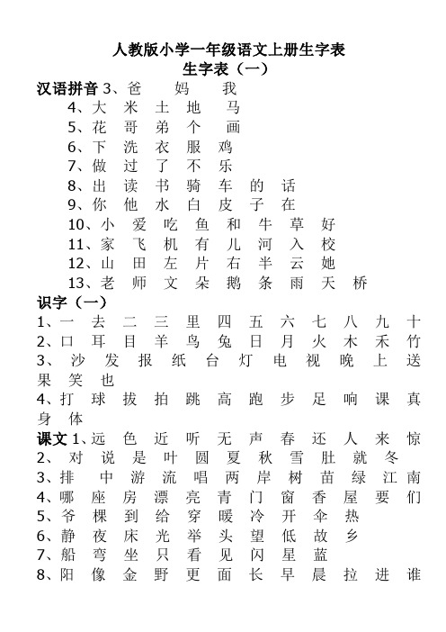 人教版小学一年级语文上册生字表