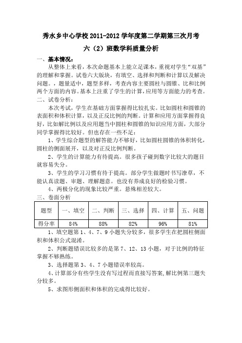 六年级数学下册第一次月考质量分析