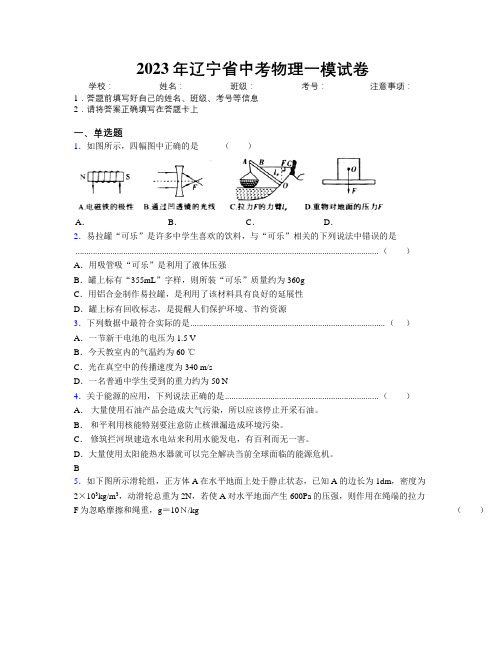 2023年辽宁省中考物理一模试卷附解析