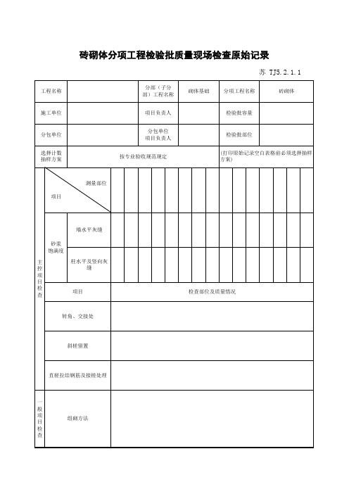 砖砌体分项工程检验批质量现场检查原始记录