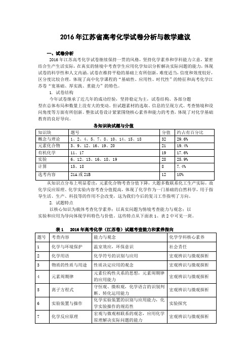 2016年江苏省高考化学试卷分析与教学建议