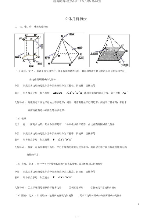 (完整版)高中数学必修二立体几何知识点梳理