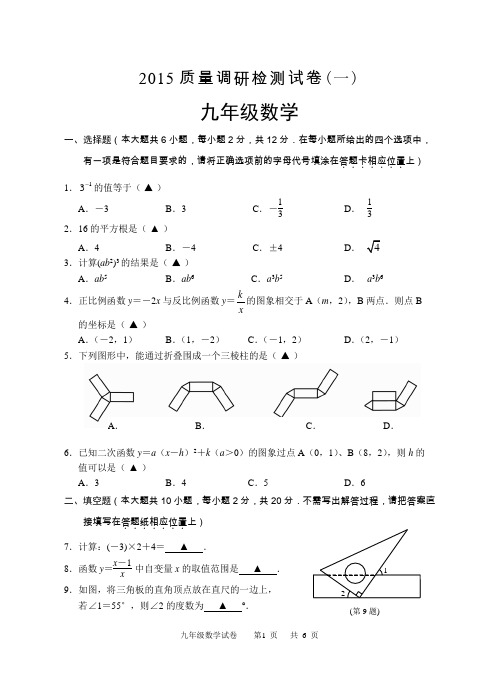 2015南京市高淳区中考数学一模试卷与答案