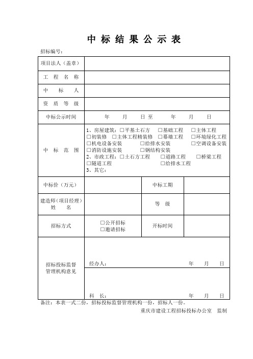 中标结果公示表