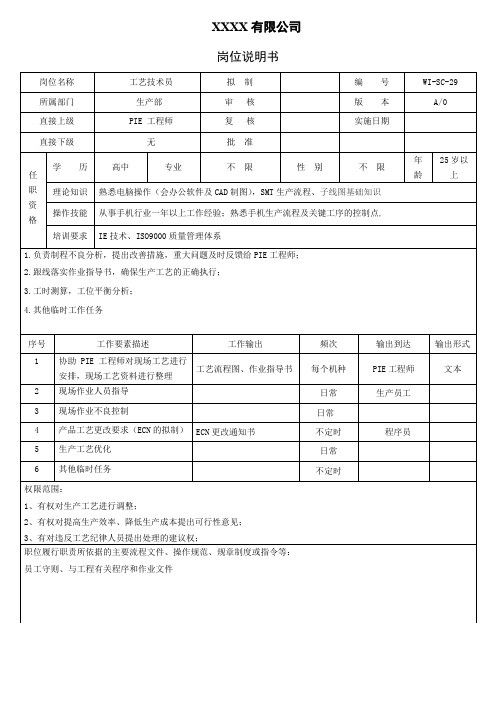 工艺技术员岗位说明书