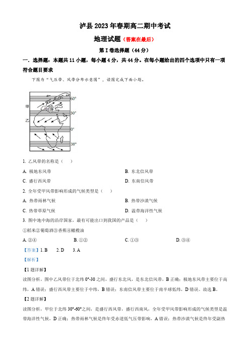 四川省2022-2023学年高二下学期期中地理试题含解析