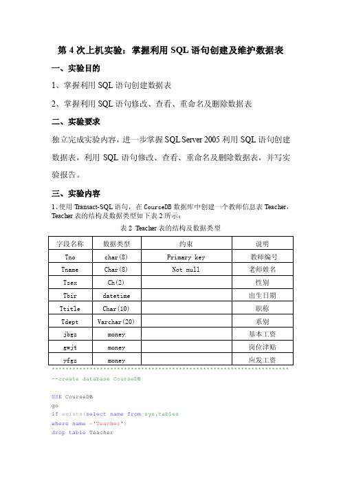 第次上机实验掌握利用SQL语句创建及维护数据表（附代码）