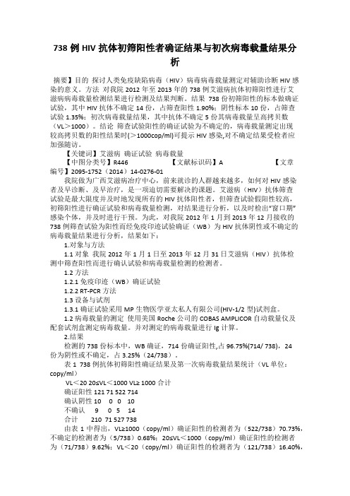 738例HIV抗体初筛阳性者确证结果与初次病毒载量结果分析