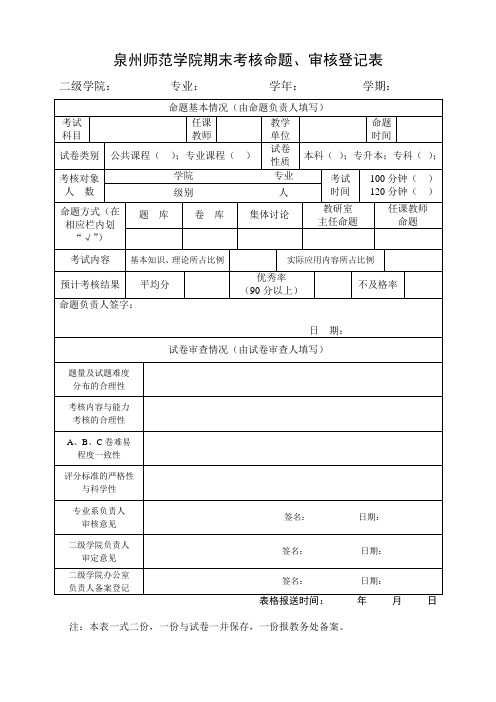 泉州师范学院期末考核命题、审核登记表