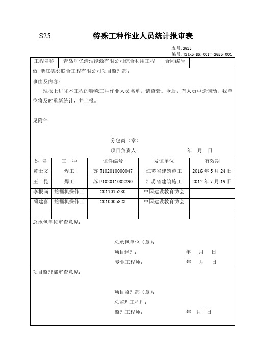 S25 特殊工种作业人员统计报审表