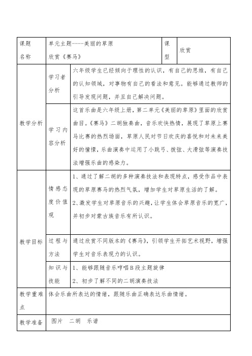 人教版六年级音乐上册(简谱)第二单元《赛马》教学设计