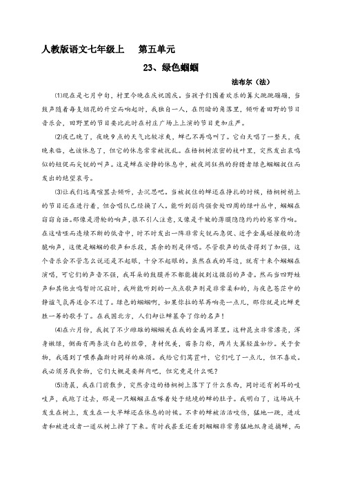 人教版七年级语文上册《五单元  阅读  23 .绿色蝈蝈》优质课教案_1