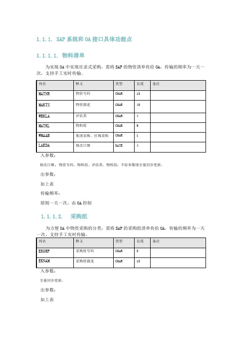 SAP系统和OA接口具体功能点