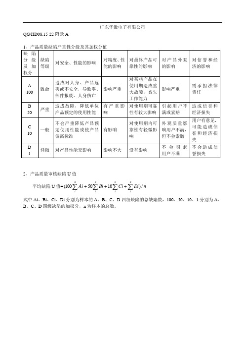 产品质量缺陷分级和U值计算