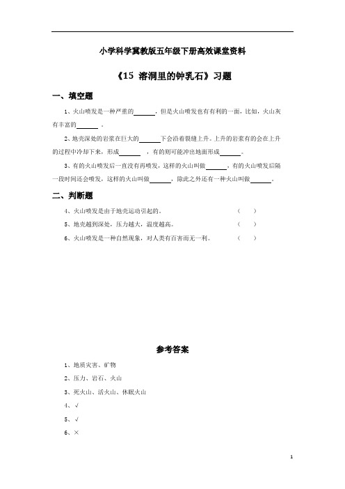 小学科学冀教版五年级下册高效课堂资料《15 溶洞里的钟乳石》习题1