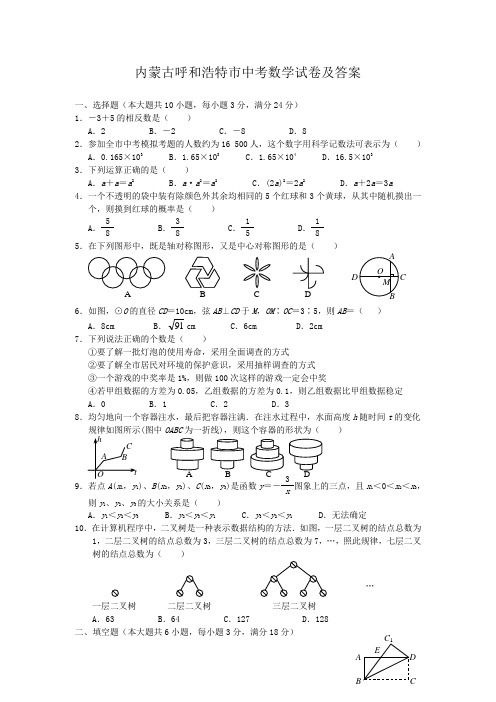 内蒙古呼和浩特市中考数学试卷及答案