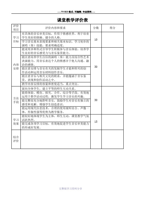 音乐课堂教学评价表