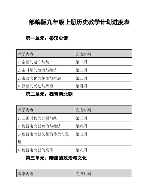 部编版九年级上册历史教学计划进度表