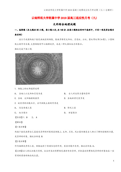 云南省师范大学附属中学2019届高三地理适应性月考试题(九)(含解析)