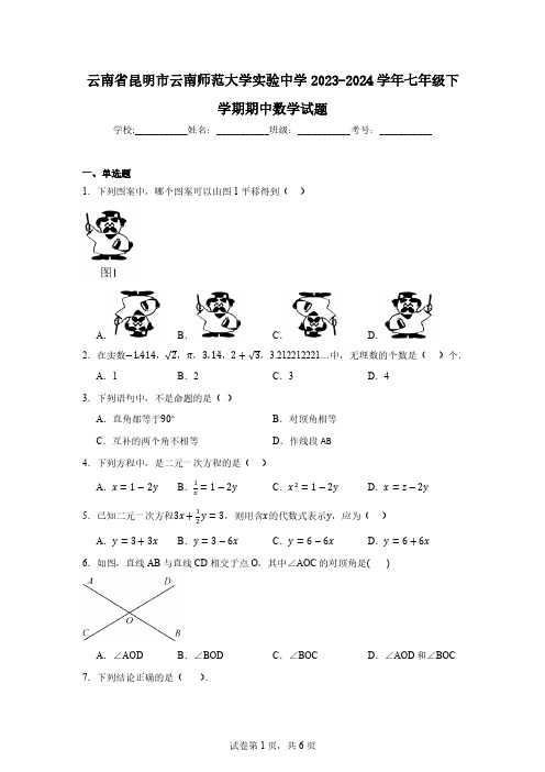 云南省昆明市云南师范大学实验中学2023-2024学年七年级下学期期中数学试题