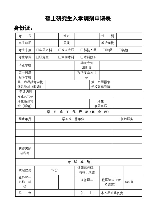 硕士研究生入学调剂申请表【模板】