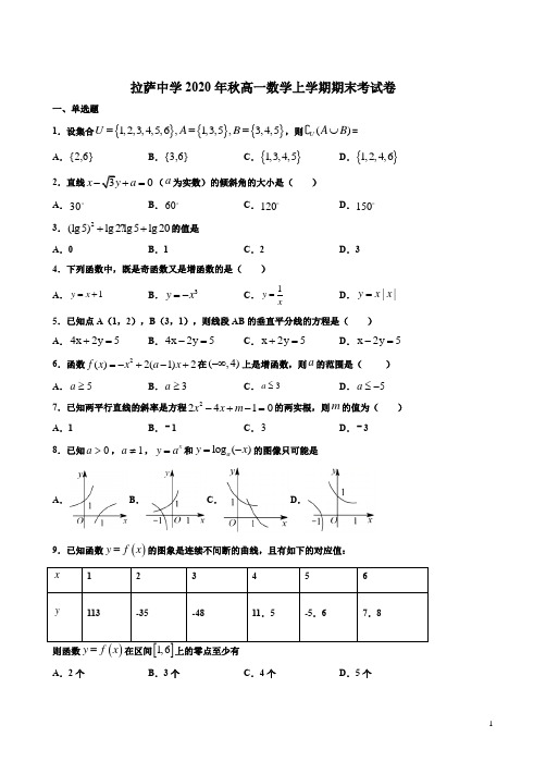 拉萨中学2020年秋高一数学上学期期末考试卷附答案解析