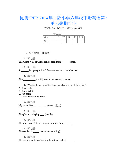 昆明“PEP”2024年11版小学六年级下册T卷英语第2单元暑期作业