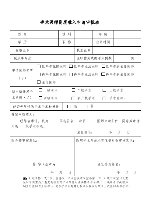 手术资质审批及考核表