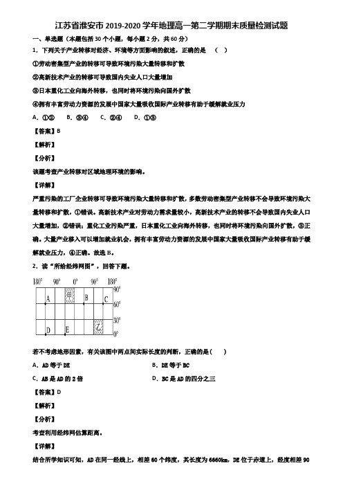 江苏省淮安市2019-2020学年地理高一第二学期期末质量检测试题含解析