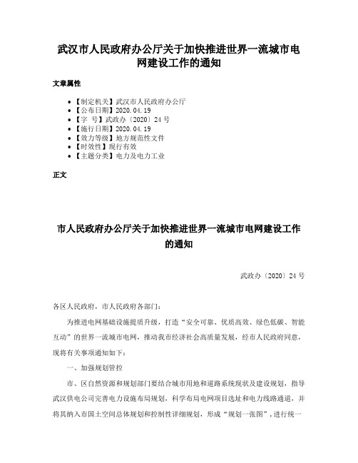 武汉市人民政府办公厅关于加快推进世界一流城市电网建设工作的通知