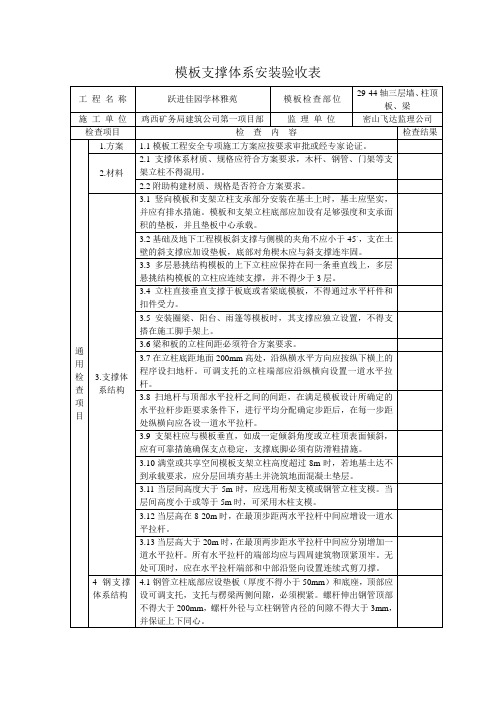 模板支撑体系安装验收表