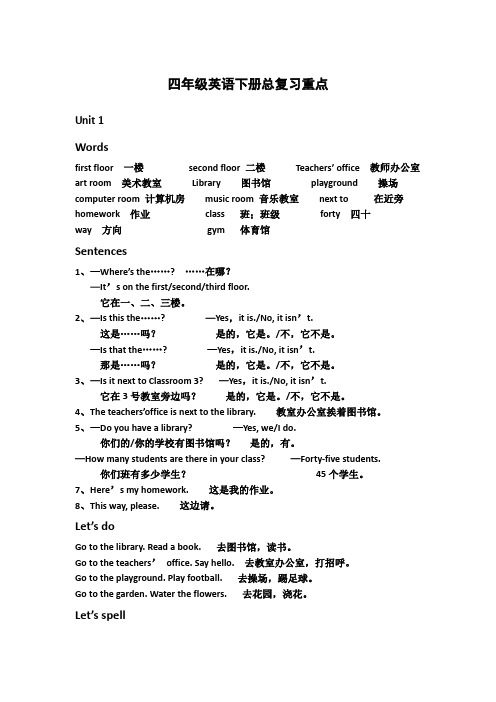 (完整版)四年级英语下册人教版总复习资料