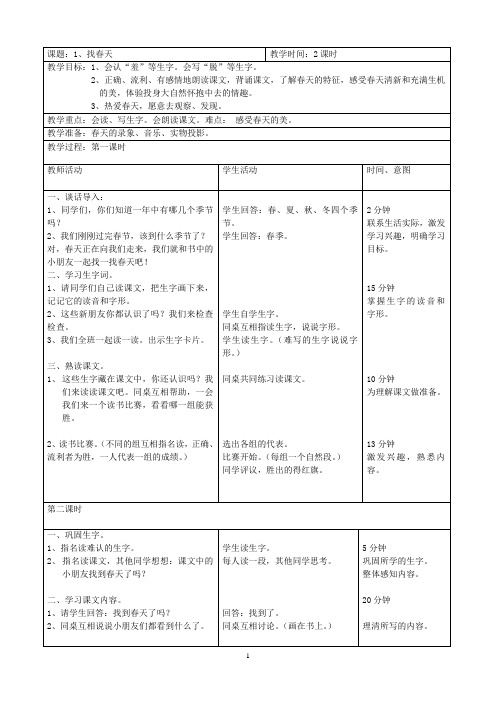 小学语文第四册全册表格式教案1