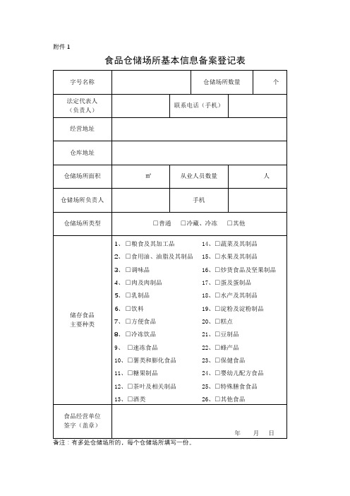 食品仓储场所基本信息备案登记表