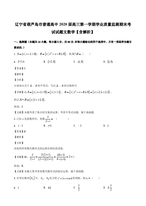 辽宁省葫芦岛市普通高中2020届高三第一学期学业质量监测期末考试试题文数学【含解析】